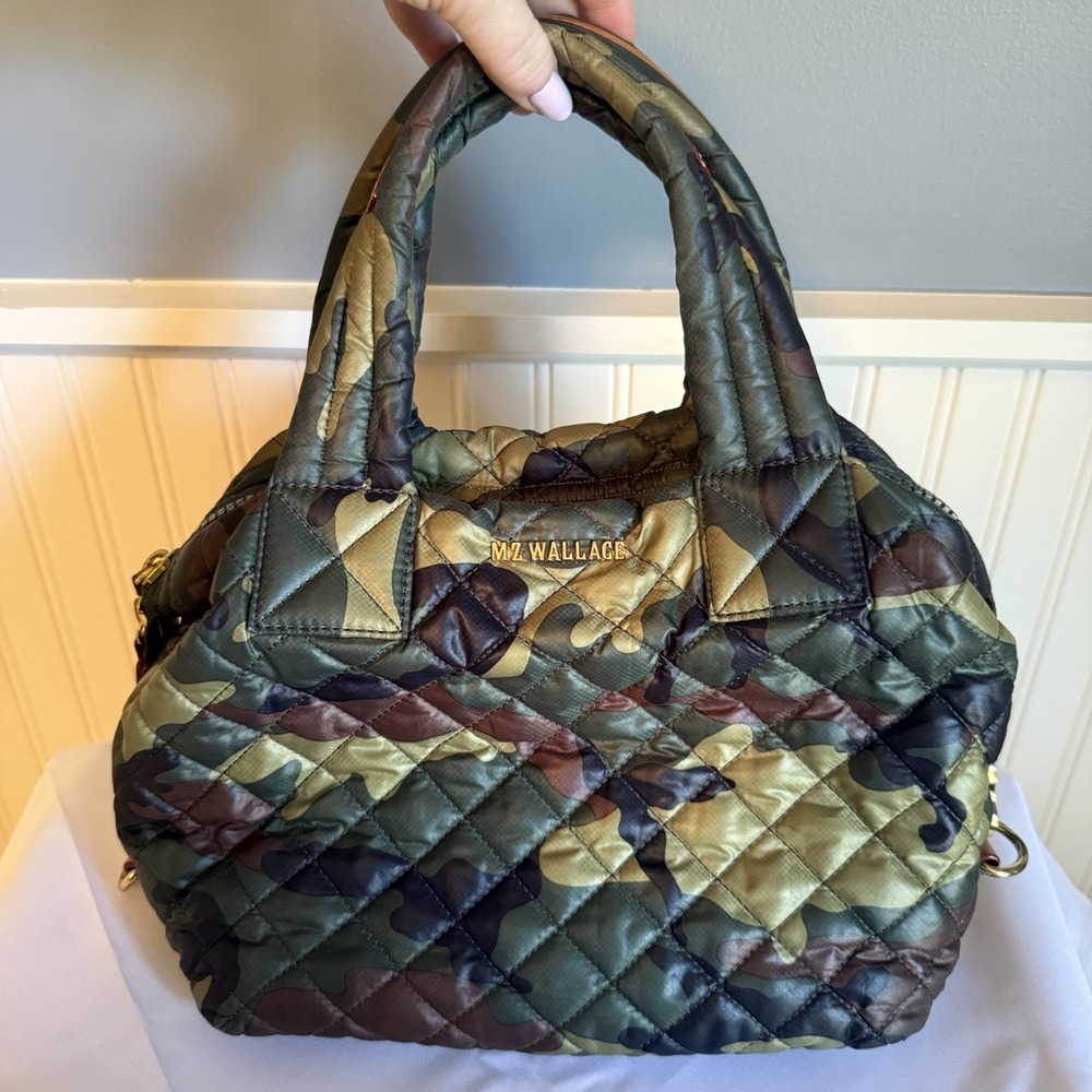 MZ Wallace Green Camo Print Metro Mini Tote Top Handle Bag Purse Lightweight